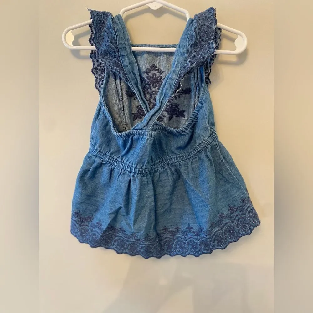 Toddler Girls Denim Embroidered Cross Back Top